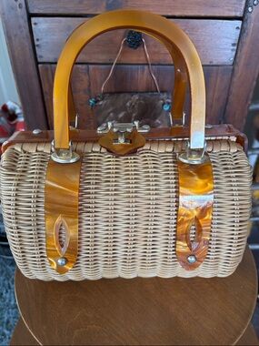 Vintage Wicker Tote with Amber Lucite Handles